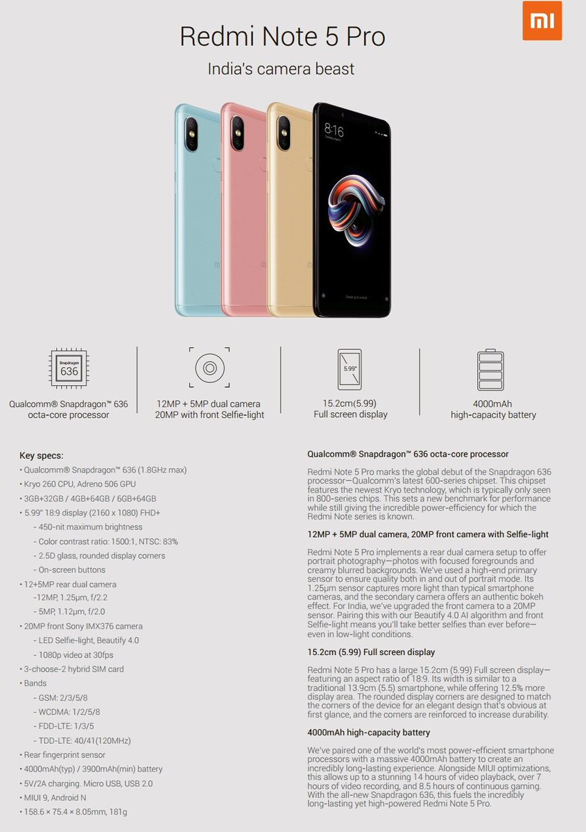 Xiaomi Redmi Note 5 Pro Official Specifications
