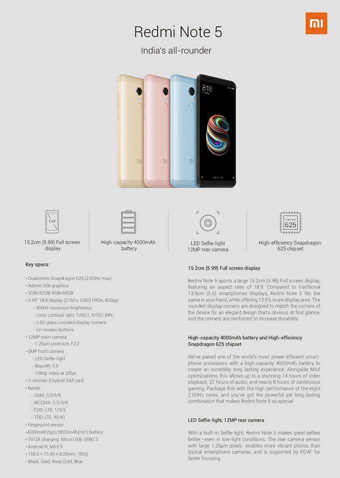Xiaomi Redmi Note 5 Details Specifications