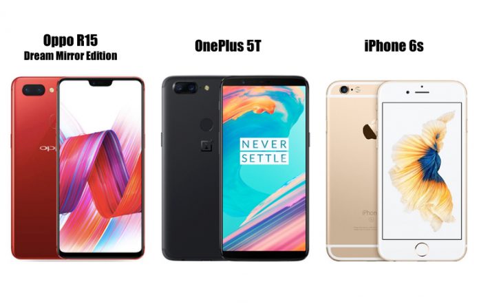 Oppo R15 Dream Mirror Edition vs OnePlus 5T vs iPhone 6s Oppo R15 Dream Mirror Edition vs OnePlus 5T vs iPhone 6s