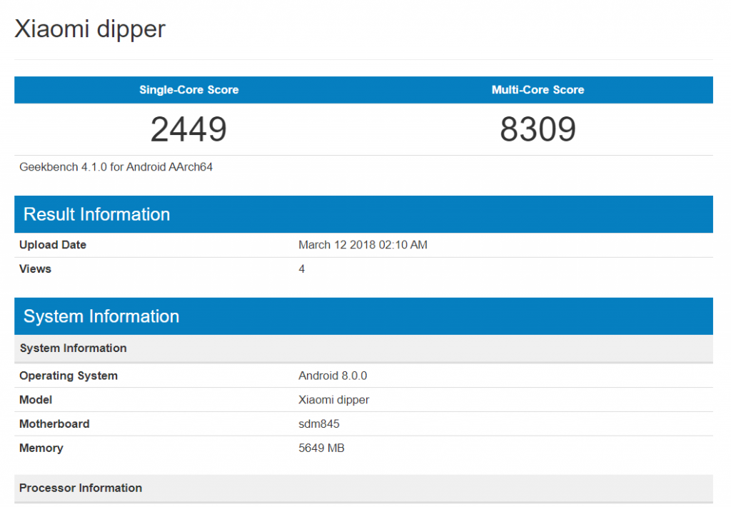 Xiaomi 'Dipper' specs revealed on Geekbench, could be the Mi 7