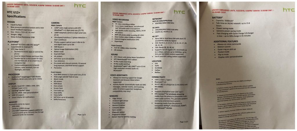 HTC U12 Plus Specifications
